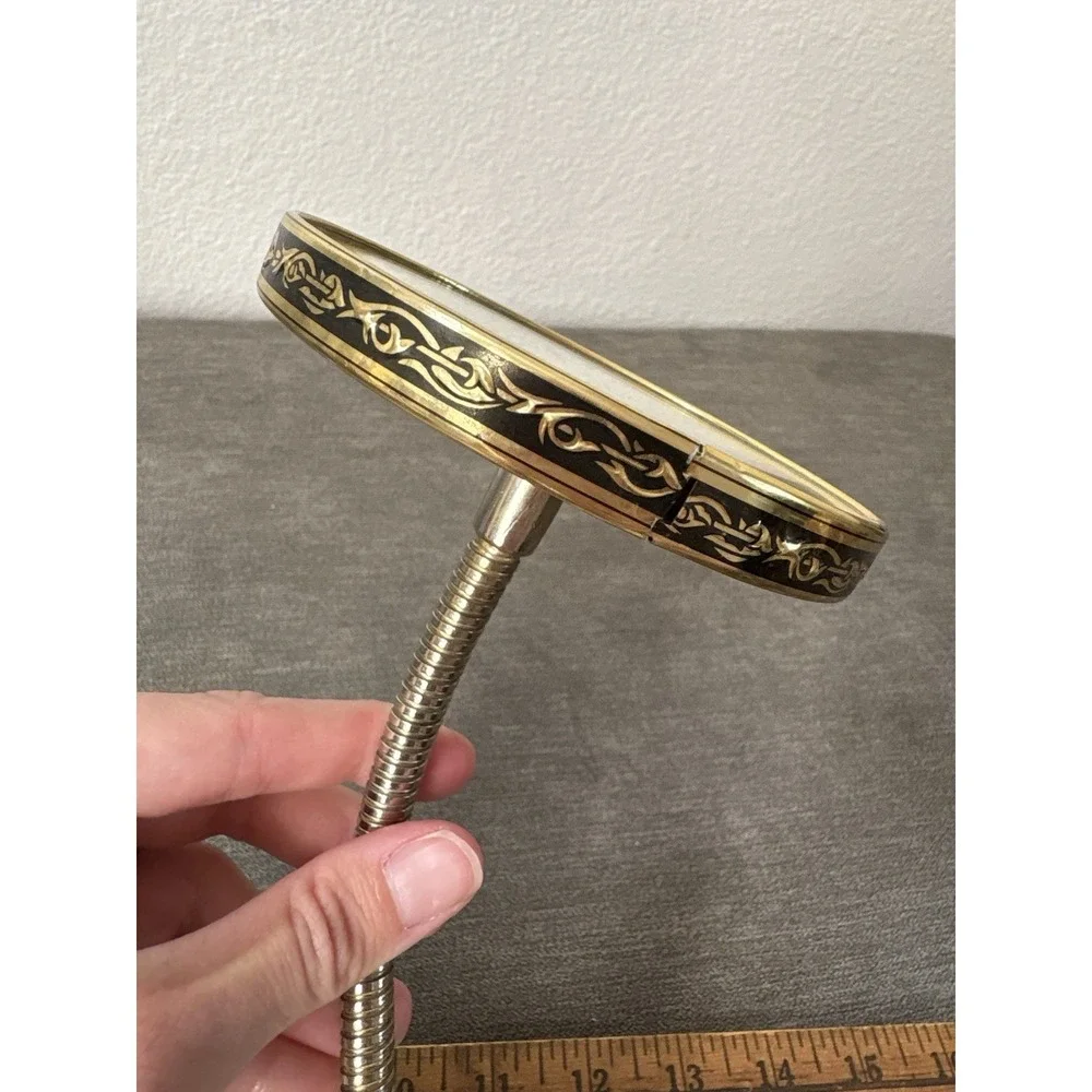 Vintage Vanity Mirror Gooseneck Double Sided Round Magnifying Ivory Gold Plastic